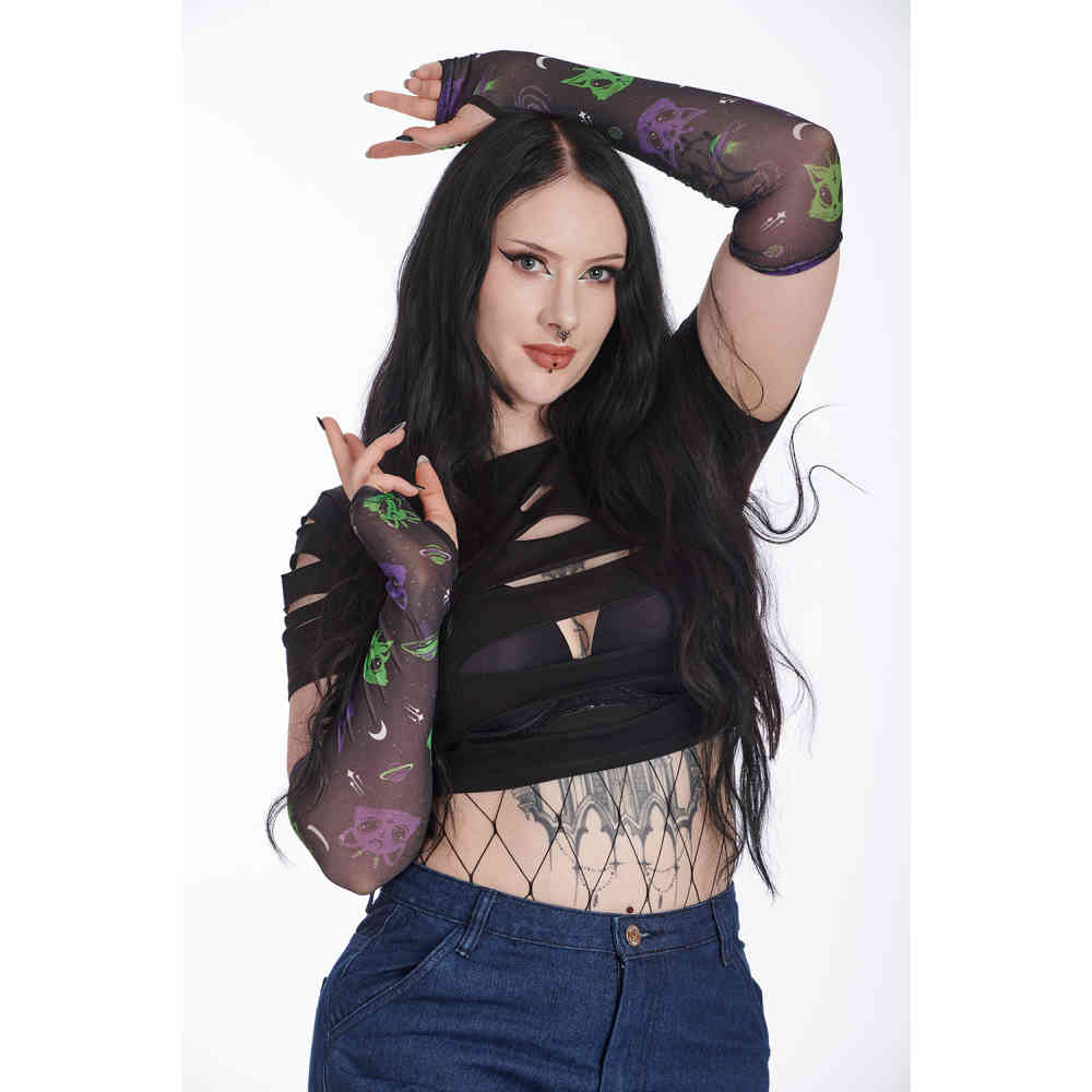 Banned - Alien Space Cat Fingerless Long Vingerloze handschoenen - Multicolours